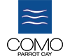 Logo for COMO Parrot Cay. It features a blue square with three wavy white lines representing water, above the words "COMO PARROT CAY" in bold, clean black text.