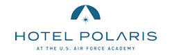 Logo for Hotel Polaris at the U.S. Air Force Academy, featuring a blue stylized triangular shape with a star inside, and the hotel name in modern blue text below.
