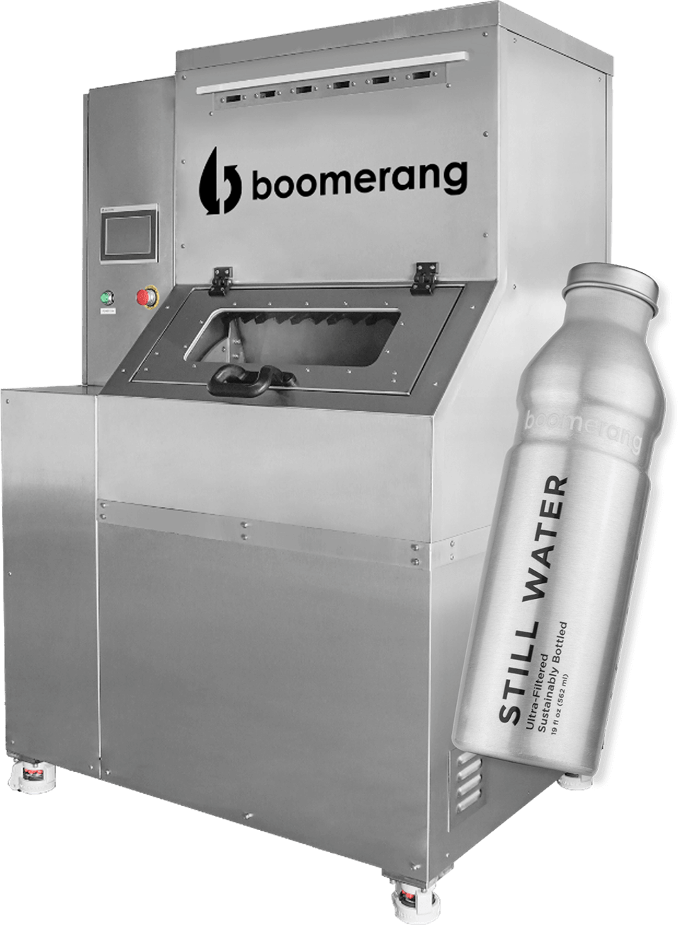 A metal machine labeled "boomerang" stands behind a reusable stainless steel water bottle marked "STILL WATER." The machine features a window, control buttons, and an industrial design.