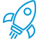 Blue outline illustration of a rocket ship launching upward, with three lines below indicating movement or propulsion, on a light background.