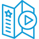 Blue line drawing of a folded map with a star and lines on one panel, next to a large play button icon.