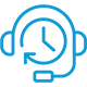 Blue line drawing of a headset surrounding a clock face with an arrow, suggesting around-the-clock customer support or 24/7 helpline service.