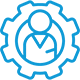 Blue outline icon of a person wearing a suit inside a gear, representing management, user settings, or administrative functions.